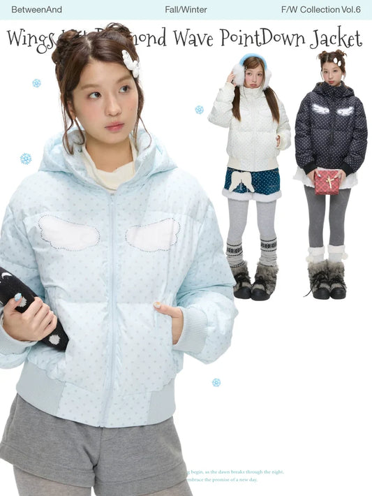 Polka dot down jacket with hood and warm duck filling with wings print