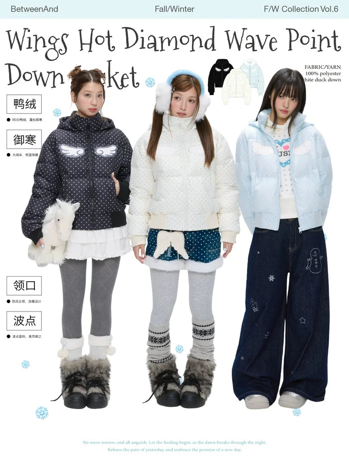 Polka dot down jacket with hood and warm duck filling with wings print