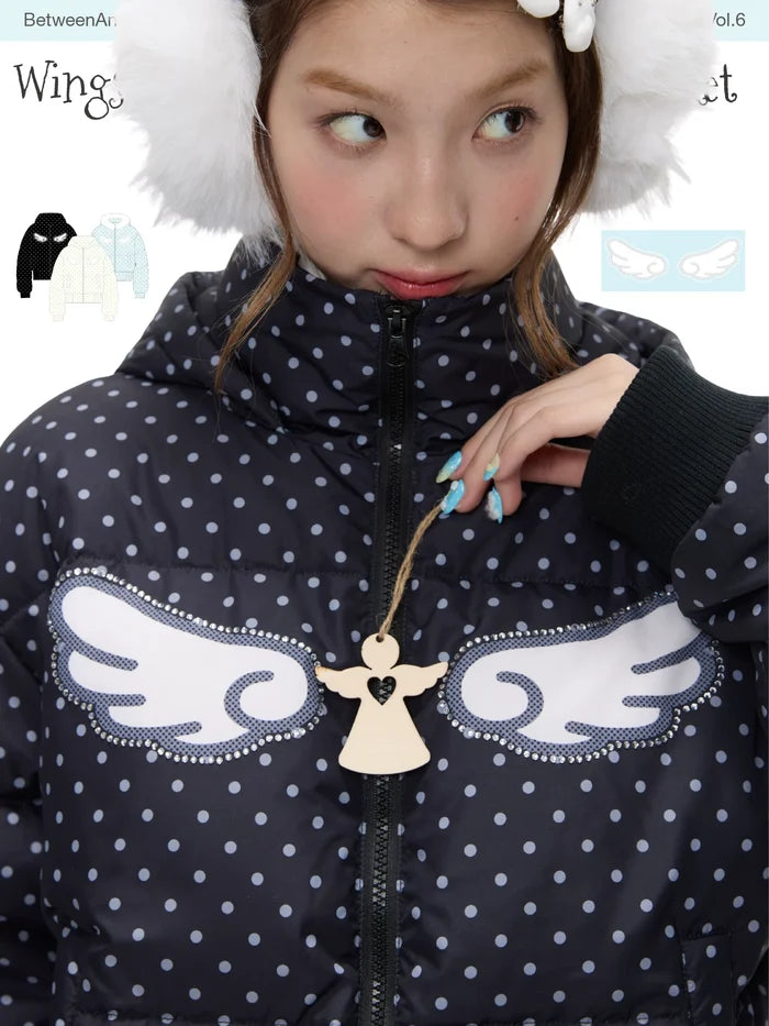 Polka dot down jacket with hood and warm duck filling with wings print