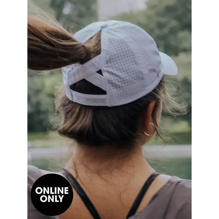 White criss-cross ponytail baseball cap.
