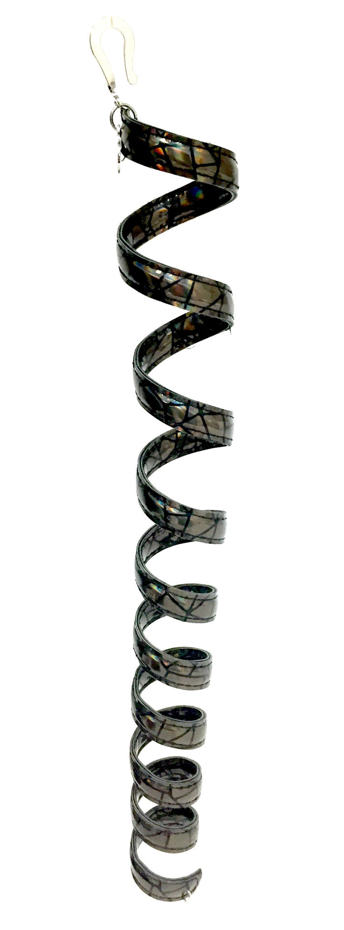 12 inch holographic black anodized aluminum ponytail wrap, spiral design, front view on white background