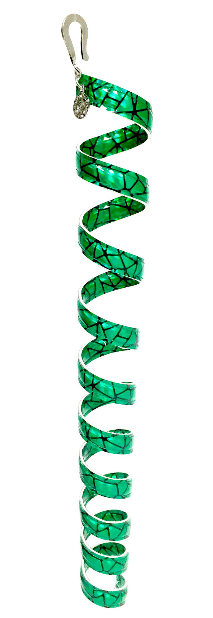 12 inch holographic green anodized aluminum ponytail wrap, spiral design, front view on white background
