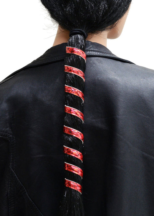 Model wearing Ponytail Wrap – Holographic Red 12" Adjustable Holder