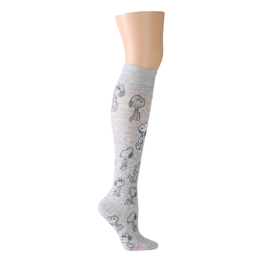 Knee-high gray compression socks featuring various Snoopy character designs.