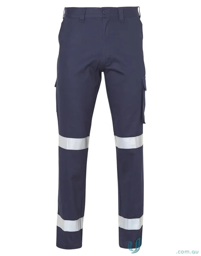 Navy blue pre-shrunk drill pants with reflective stripes cargo pockets built tough