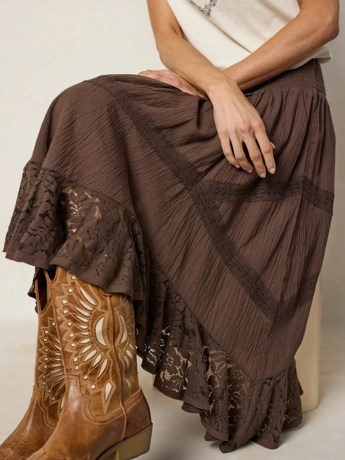 Pretty In Lace Cotton Midi Skirt - Brown-view 5