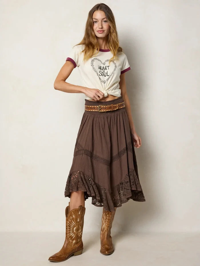 Pretty In Lace Cotton Midi Skirt - Brown-view 8