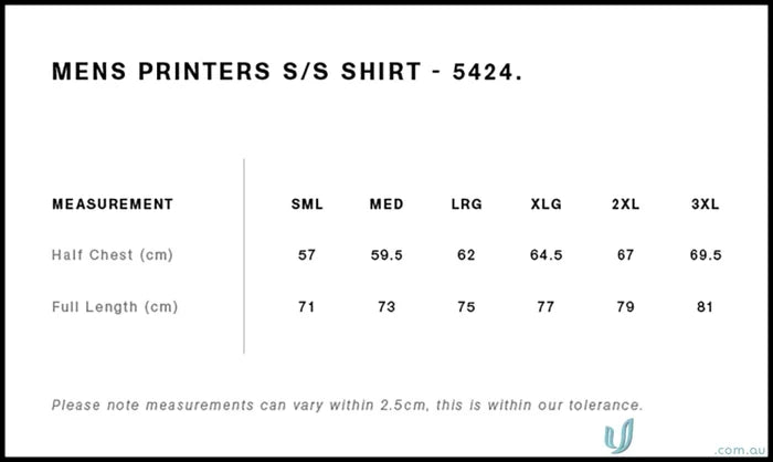 Men’s shirt size chart for Printers Shirt by [Manufacturer Name], perfect quality workwear