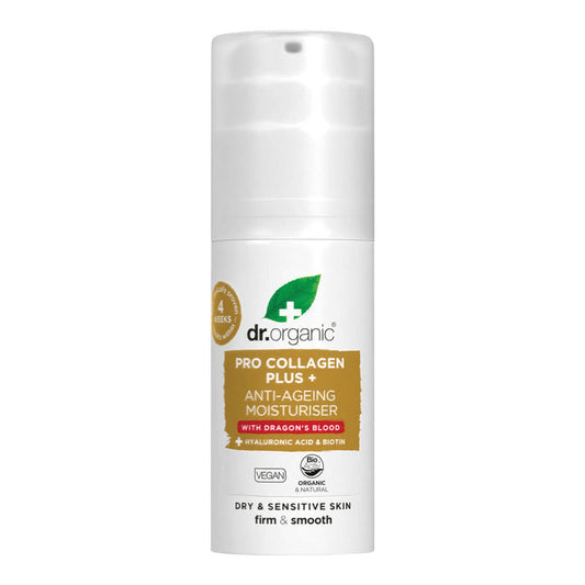 50ml pump bottle Dr. Organic Pro Collagen Plus+ Anti-Ageing Moisturiser, anti-aging cream for firmer and smoother skin.