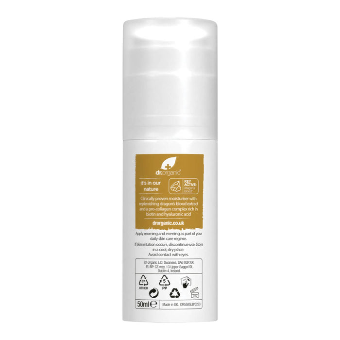Back of 50ml pump bottle Dr. Organic Pro Collagen Plus+ Anti-Ageing Moisturiser, anti-aging cream for firmer and smoother skin.