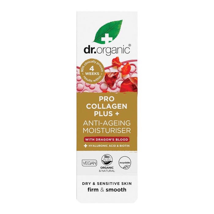 50ml box Dr. Organic Pro Collagen Plus+ Anti-Ageing Moisturiser, anti-aging cream for firmer and smoother skin.