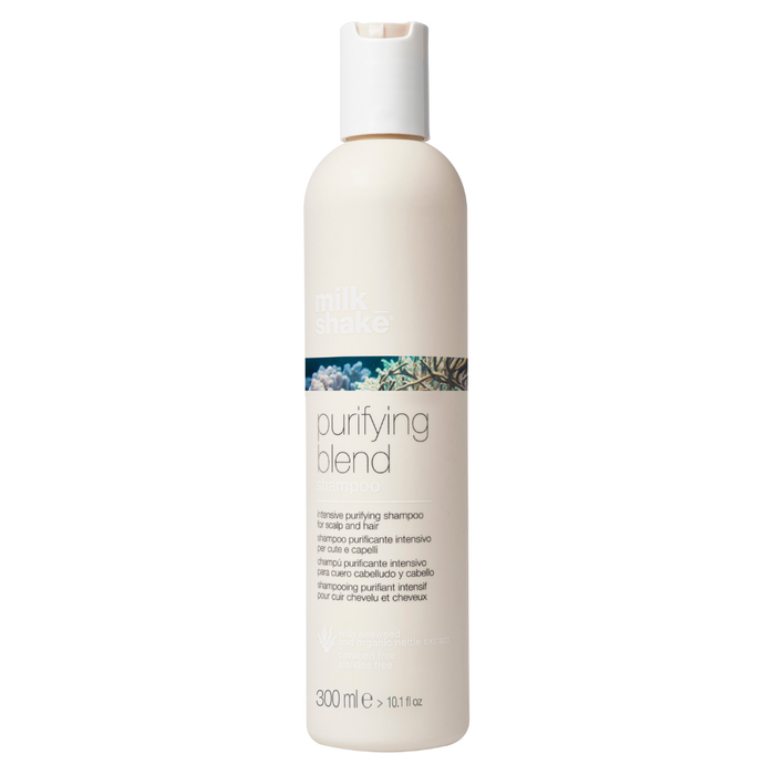 milk_shake purifying blend shampoo bottle labeled 'purifying blend' on a white background
