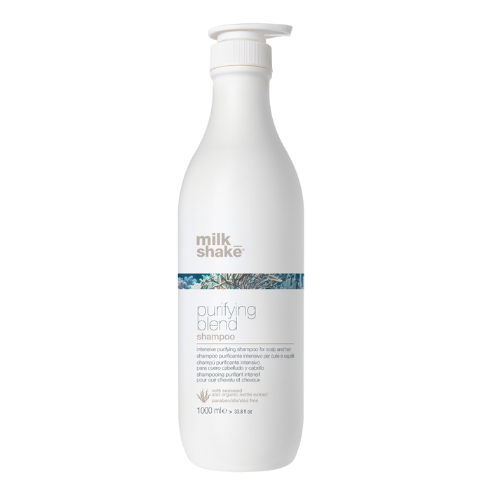 White shampoo bottle with 'milk_shake purifying blend shampoo' branding on a white background
