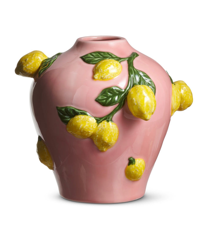 Raz 9.5” Pink Vase w Lemons
