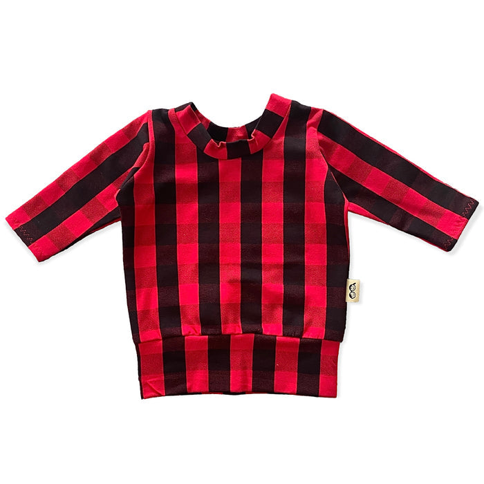 Handmade red buffalo plaid pullover for kids, featuring long sleeves and soft, cozy fabric perfect for winter.
