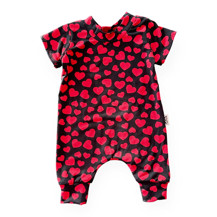 Red Hearts on Black Harem Romper