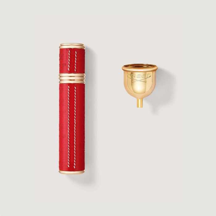 Red & Gold 10ml Refillable Travel Perfume Atomizer with Gold Funnel - Flat Lay | Creed Boutique
