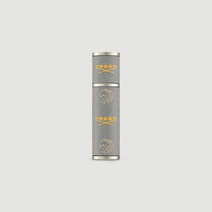 Grey Leather 5ml Travel Perfume Atomizer with Gold Creed Logo - Front View | Creed Boutique