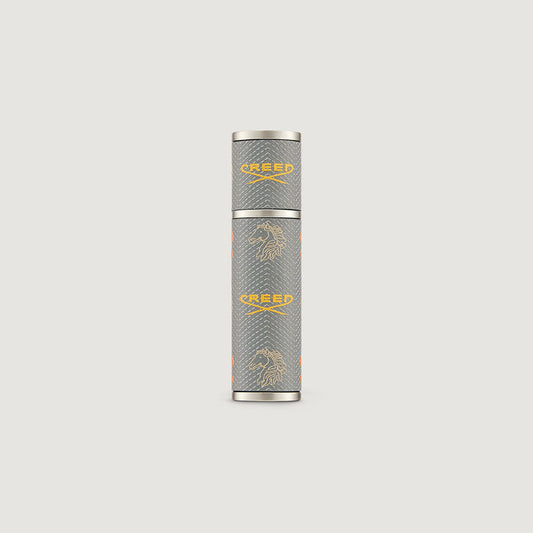 Grey Leather 5ml Travel Perfume Atomizer with Gold Creed Logo - Front View | Creed Boutique