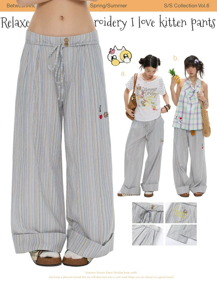 Relaxed striped embroidery "I love kittens" pants