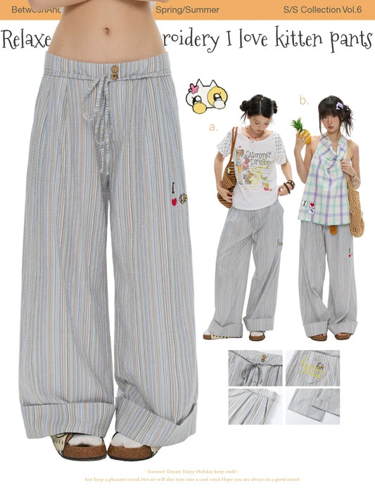Relaxed striped embroidery "I love kittens" pants