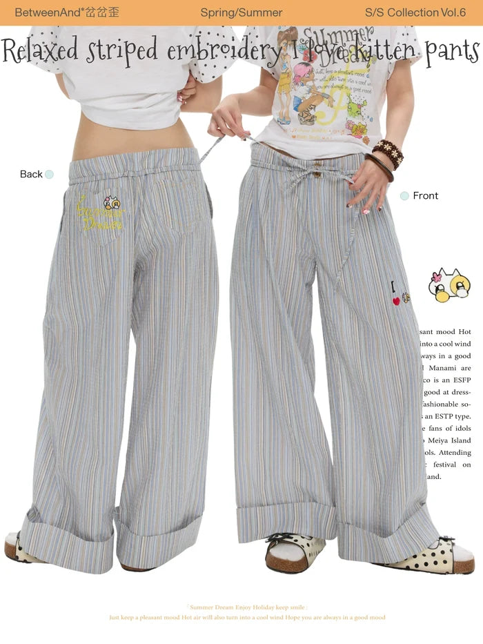 Relaxed striped embroidery "I love kittens" pants