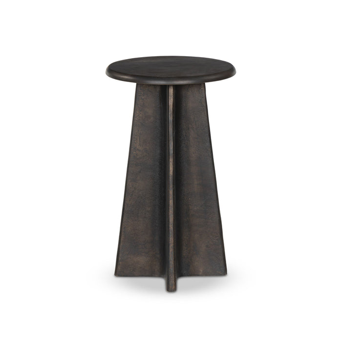 Distressed bronze side table with a round top and X-shaped base on a white background. | Wildwood Home Co.