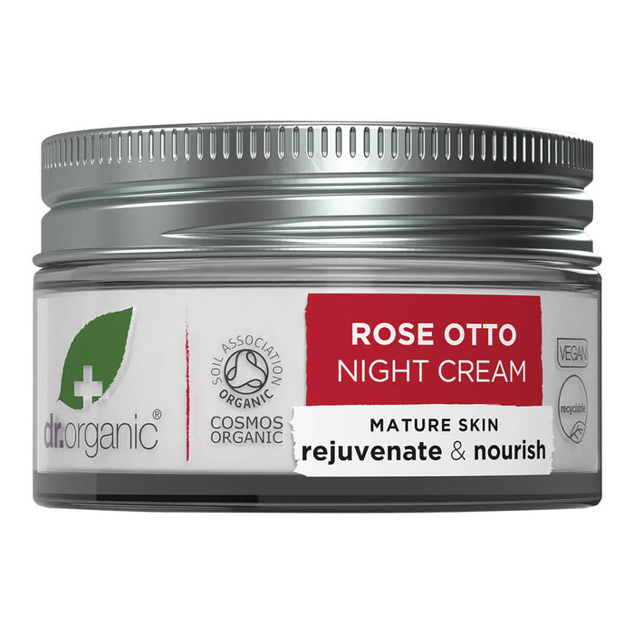 50ml jar Dr. Organic Rose Otto Night Cream made with natural ingredients, moisturises the skin, leaving it hydrated, replenished, and revitalised.