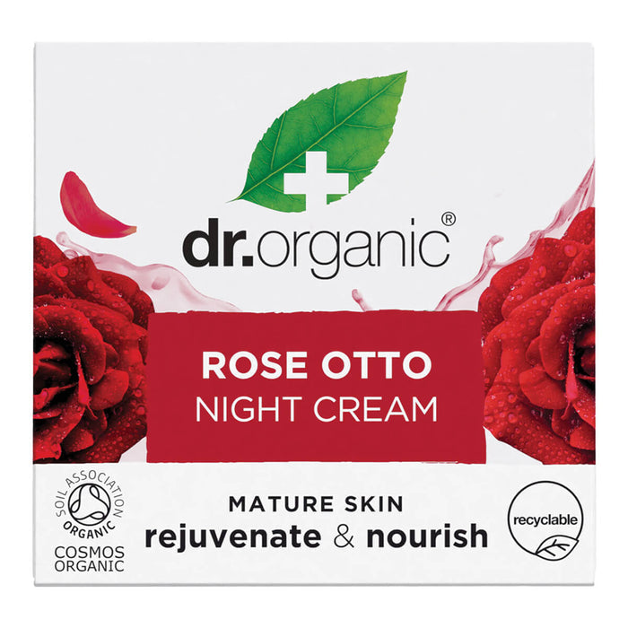 50ml box Dr. Organic Rose Otto Night Cream made with natural ingredients, moisturises the skin, leaving it hydrated, replenished, and revitalised.