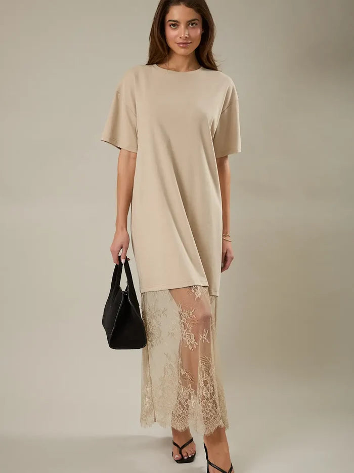 Round Neck Lace Joined T-Shirt Maxi Dress