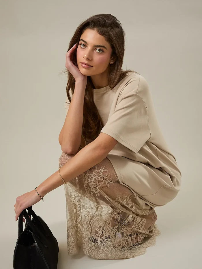Round Neck Lace Joined T-Shirt Maxi Dress