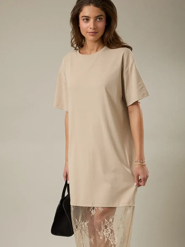 Round Neck Lace Joined T-Shirt Maxi Dress