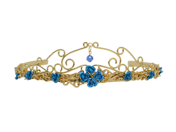 Gold-tone rose crown with blue rose accents and central blue crystal drop