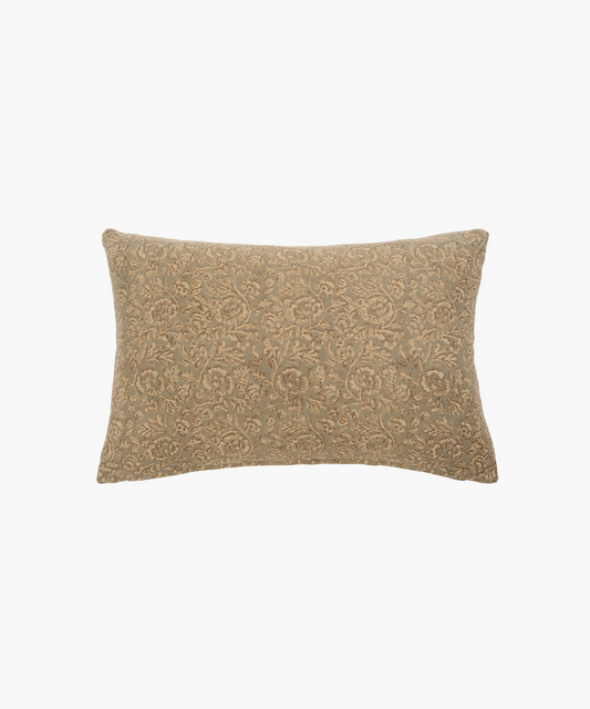 A rectangular lumbar beige pillow featuring an ornate floral pattern. The intricate design conveys a classic, elegant feel, suitable for cozy home decor. | Wildwood Home Co.