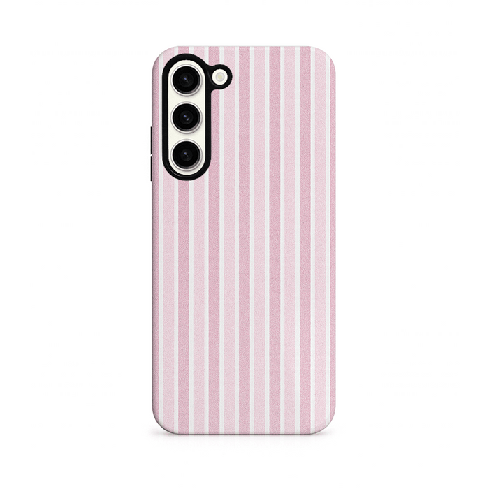 Phone case with pink vertical stripes on a white background.