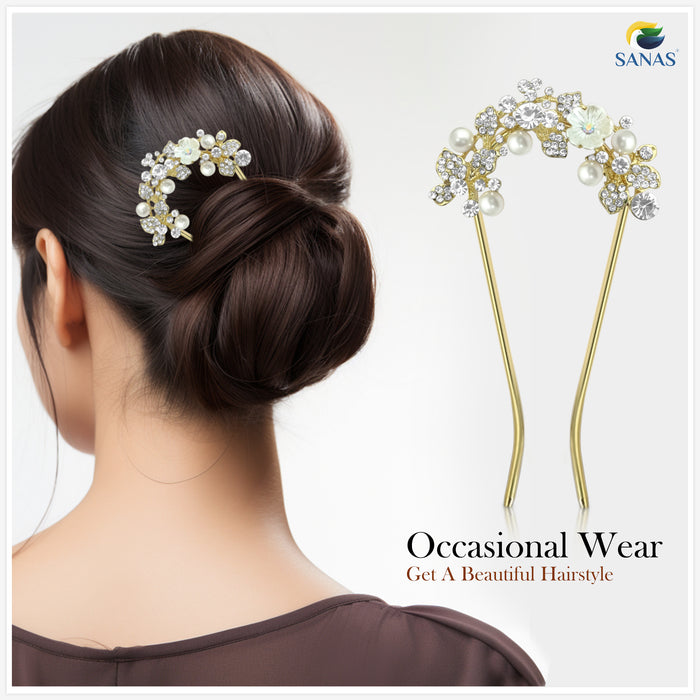 Gold bridal hair U pin with pearl flower design by SANAS