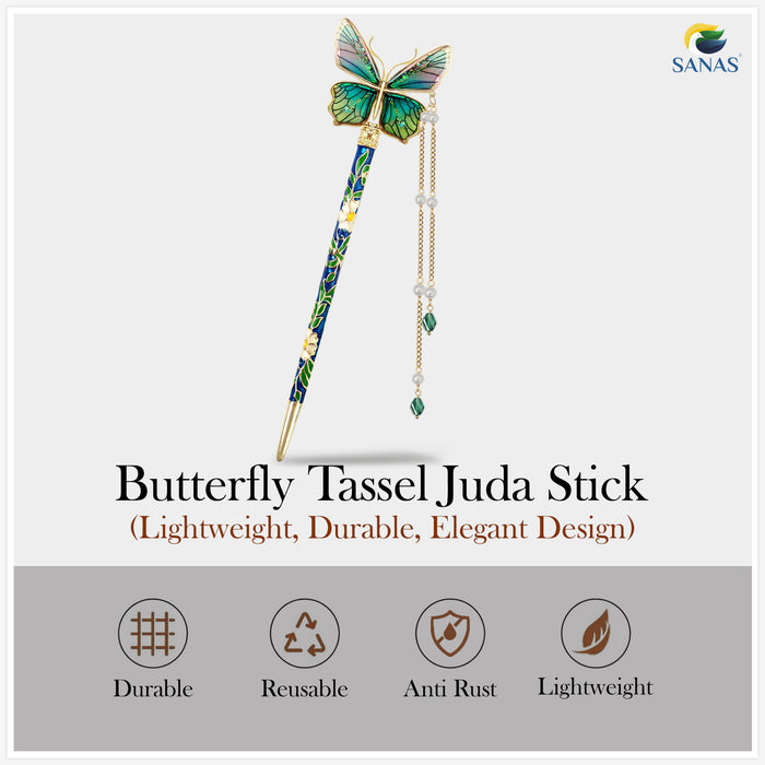 Butterfly hair stick with pearl tassels for bun hairstyles