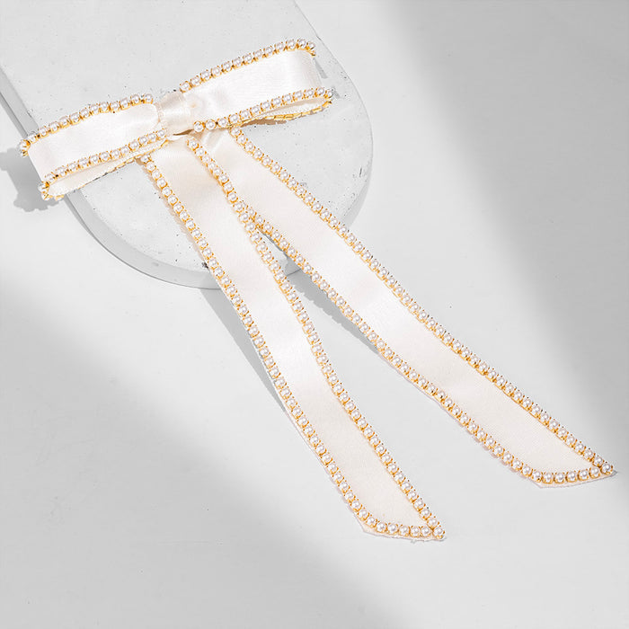 Satin Ribbon Pearl Hair Bow - Off-White