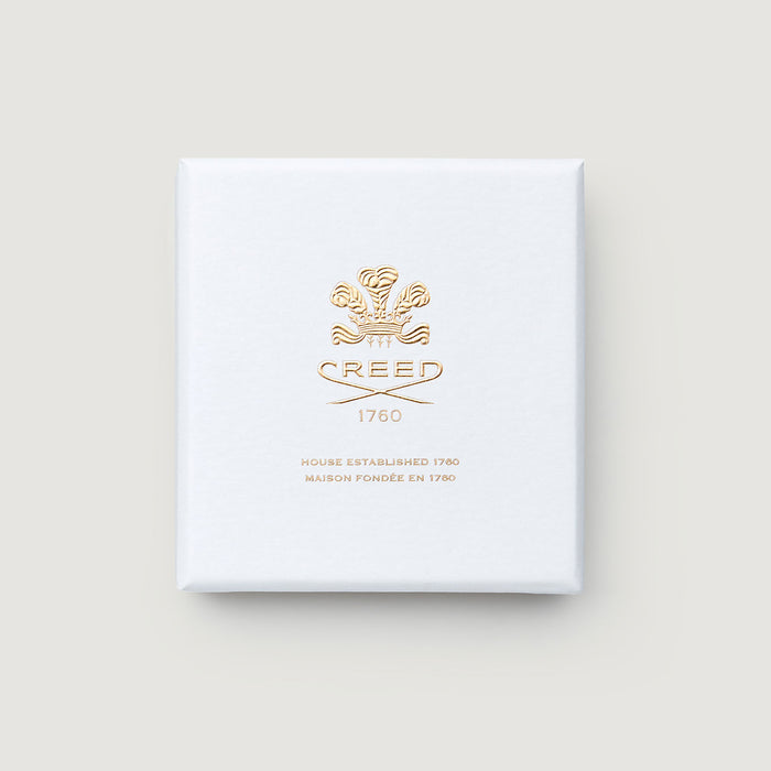 White Gift Box with Gold Creed Crest - Birmanie Oud Scented Ornament Packaging Top | Creed Boutique