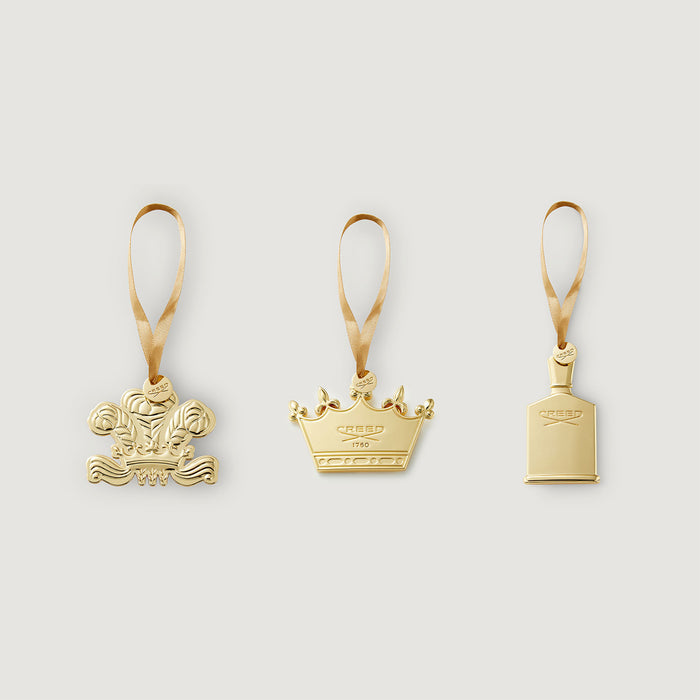 Gold Creed Scented Ornaments Set of 3 - Crest, Crown & Bottle, Birmanie Oud - Front View | Creed Boutique