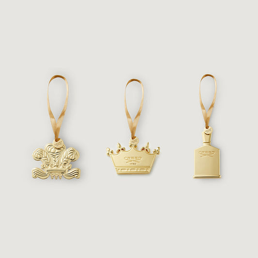 Gold Creed Scented Ornaments Set of 3 - Crest, Crown & Bottle, Birmanie Oud - Front View | Creed Boutique