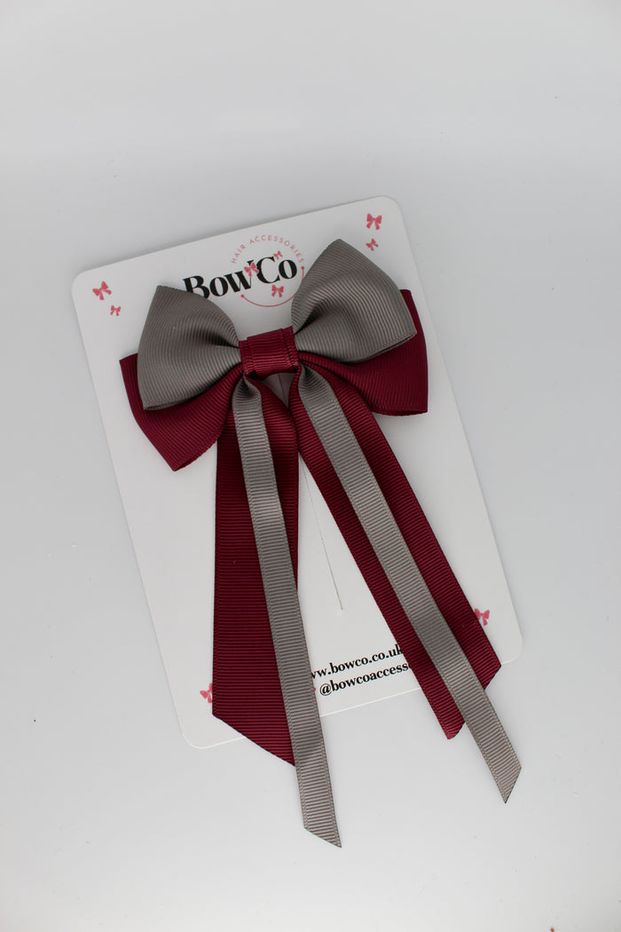 School Bow Burgundy and Grey Streamer Tail Bow - Clip