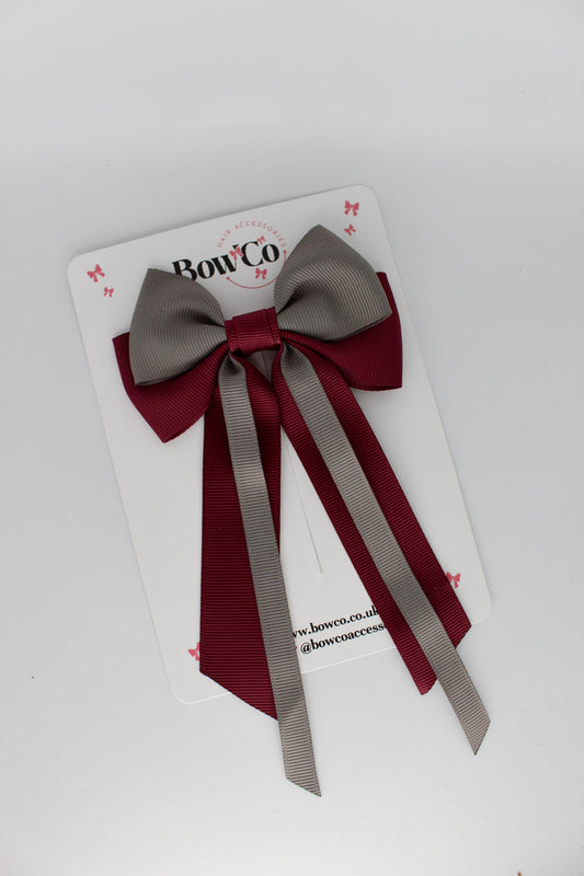 School Bow Burgundy and Grey Streamer Tail Bow - Clip