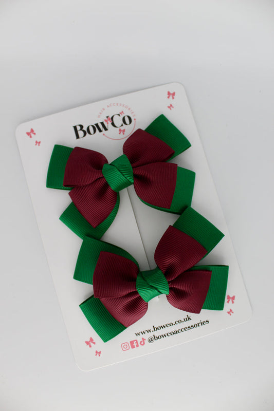 School Bow Green and Burgundy - Layer Bow Set - Clip