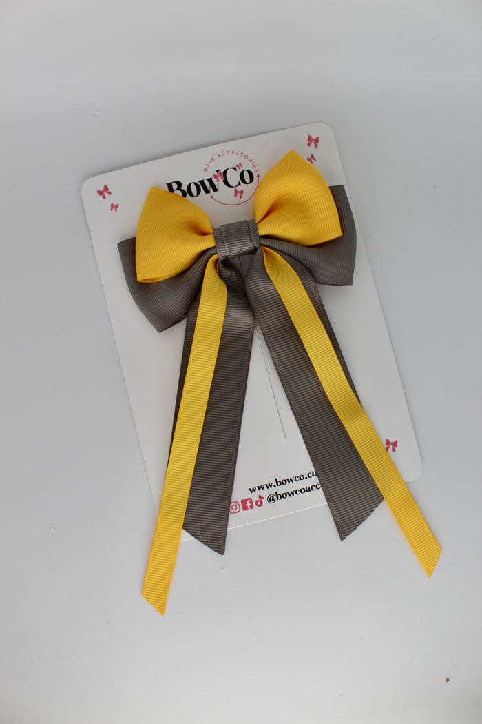 School Bow Grey and Yellow Streamer Tail Bow - Clip