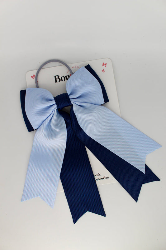 School Bow Navy Blue and Bluebell - Classic Tail Bow - Elastic