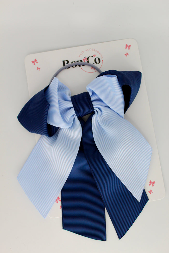 School Bow Navy Blue and Bluebell - Loop Tail Bow - Elastic