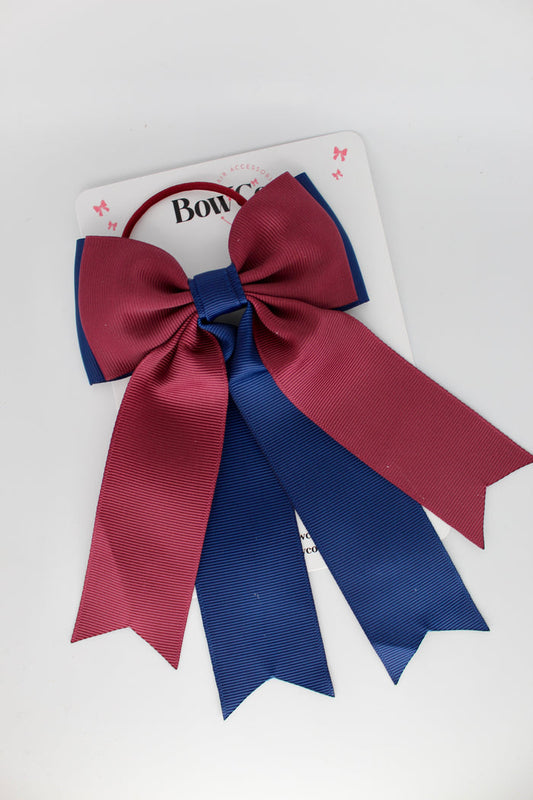 School Bow Navy Blue and Burgundy - Classic Tail Bow - Elastic