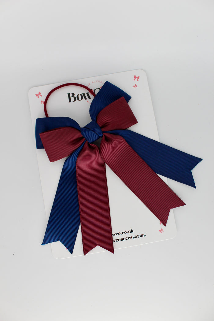 School Bow Navy Blue and Burgundy - Double Ribbon Tail – Elastic