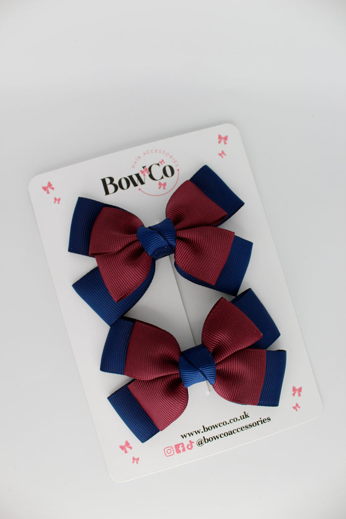 School Bow Navy Blue and Burgundy - Layer Bow Set - Clip